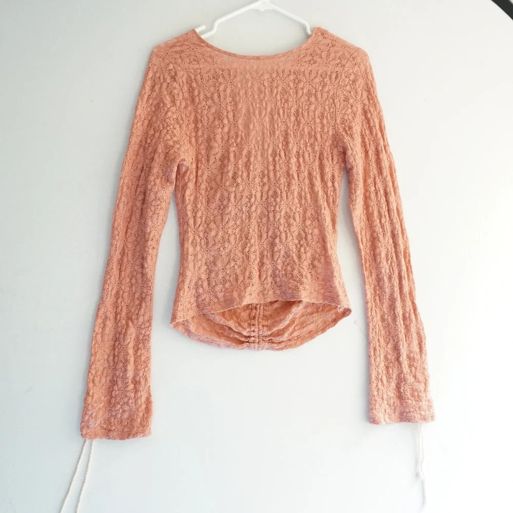 Free People Lace Ruched Top Blouse Long Sleeve Drawstring Peach Boho Bohemian‎ S